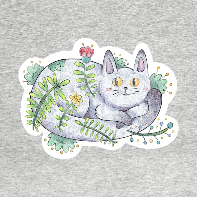 Cute Floral Cat Chilling and Curled Up by maak and illy